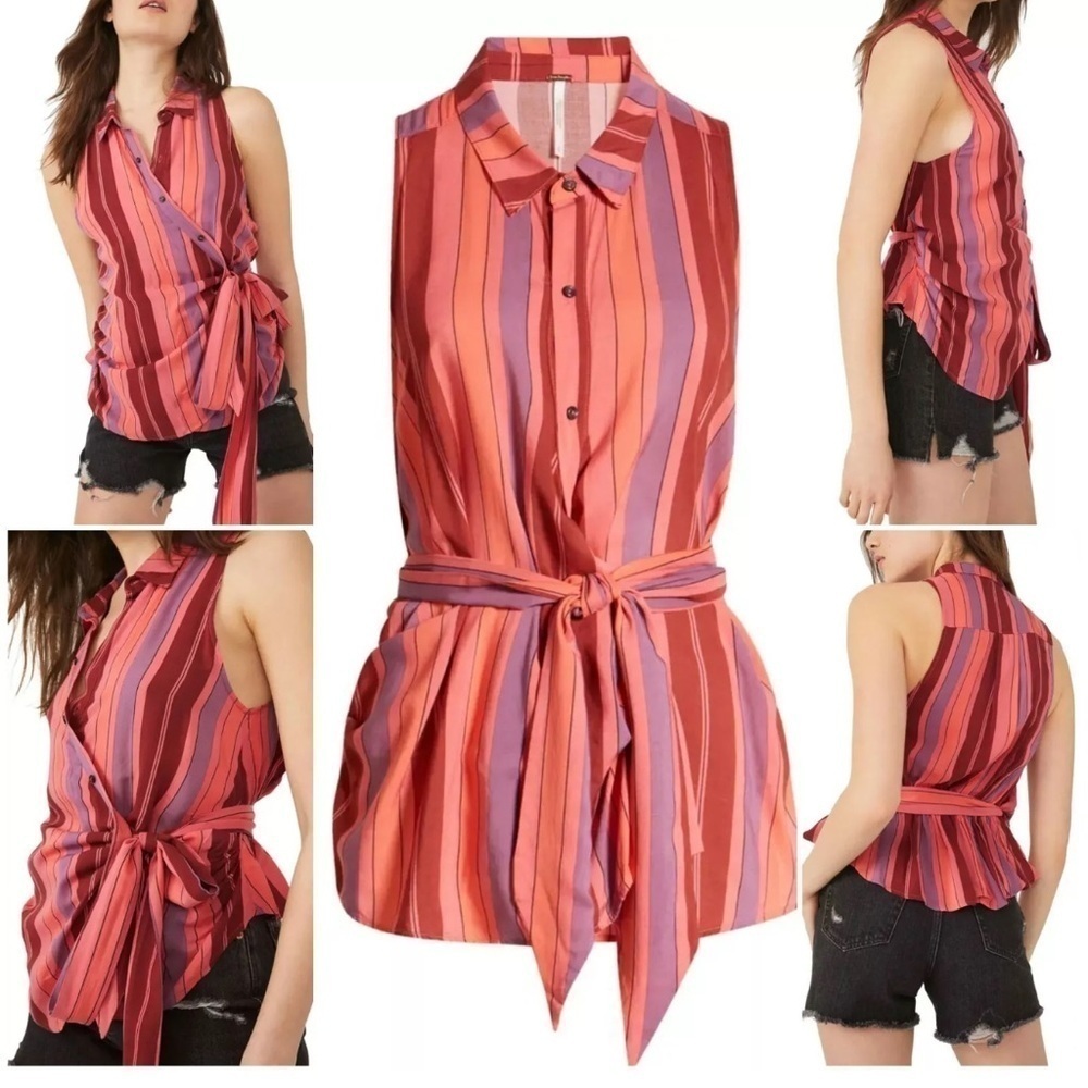SMALL Free People Mackenzie Striped Point
Collar Sleeveless Tie Wrap Top